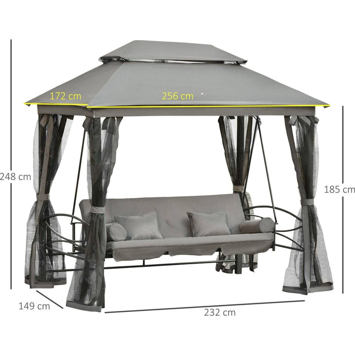 3 Seater Swing Chair 3 in 1 Convertible Gazebo with Double Tier Canopy Cushioned Seat and Mesh Sidewalls Grey Outsunny Green4Life