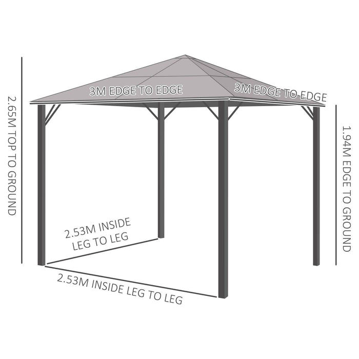 3 x 3(m) Garden Aluminium Gazebo Hardtop Roof with Mesh Curtains - Grey - Outsunny - Green4Life