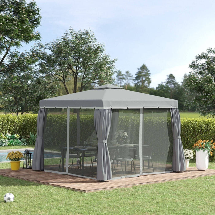 3 x 3(m) Gazebo Canopy Garden Pavilion Tent with 2 Tier Water Repellent Roof, Mosquito Netting and Curtains - Dark Grey - Outsunny - Green4Life