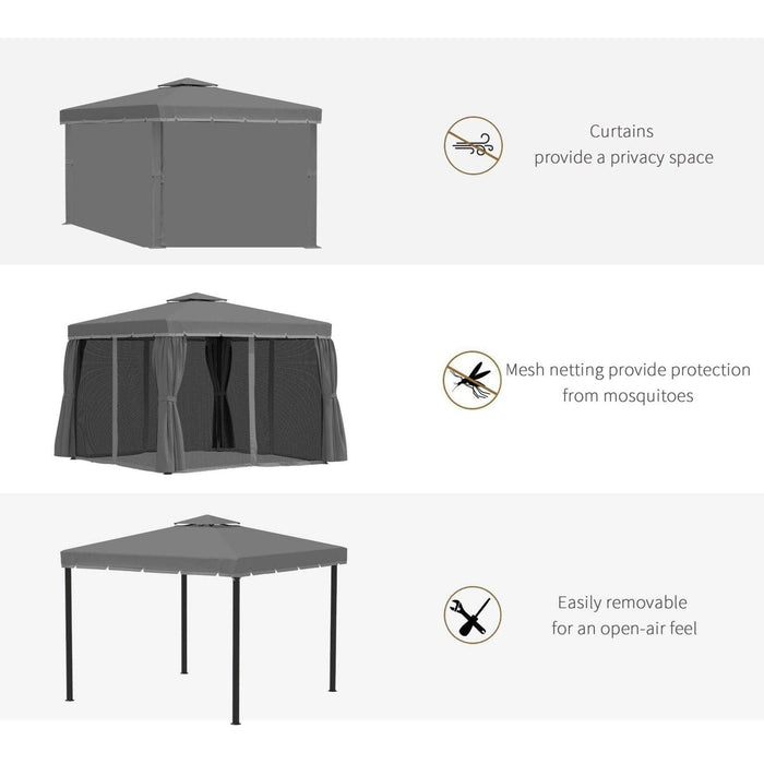 3 x 3(m) Gazebo Canopy Garden Pavilion Tent with 2 Tier Water Repellent Roof, Mosquito Netting and Curtains - Dark Grey - Outsunny - Green4Life