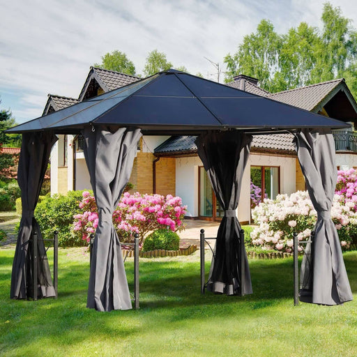 10 x 10 ft (3 x 3 m) Gazebo with Hardtop Polycarbonate Roof, Steel & Aluminium Frame, Curtains and Netting - Black - Outsunny - Green4Life