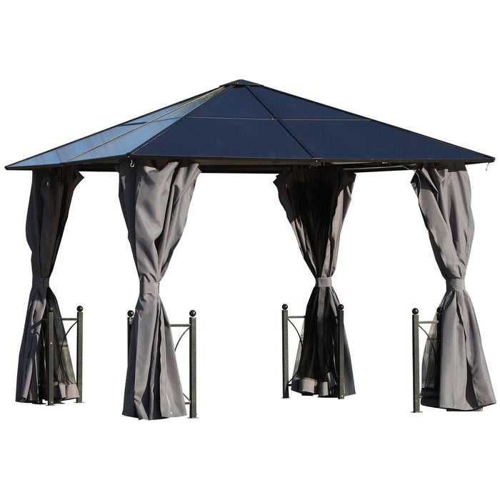 10 x 10 ft (3 x 3 m) Gazebo with Hardtop Polycarbonate Roof, Steel & Aluminium Frame, Curtains and Netting - Black - Outsunny - Green4Life