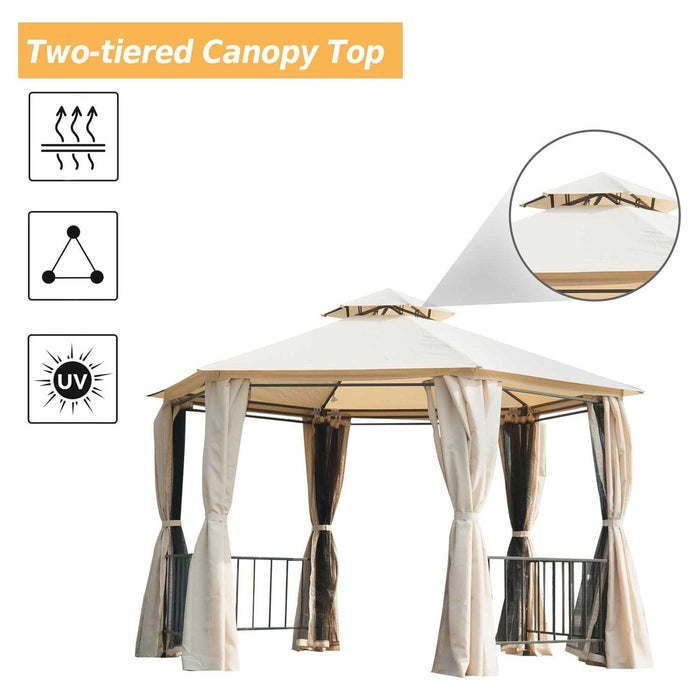 10 x 10 ft (3 x 3 m) Hexagonal Gazebo with 2-Tier Roof, Curtains & Nets - Beige - Outsunny - Green4Life