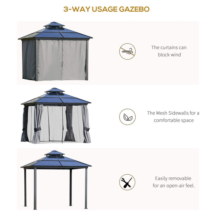 10 x 10 ft (3 x 3 m) Polycarbonate Hardtop Gazebo with Double-Tier Roof and Aluminium Frame, Netting and Curtains - Black/Grey - Outsunny - Green4Life