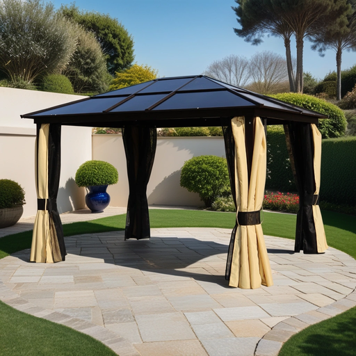 3.6 x 3(m) Polycarbonate Hardtop Gazebo with LED Solar Light and Aluminium Frame, Netting and Curtains - Brown - Outsunny - Green4Life