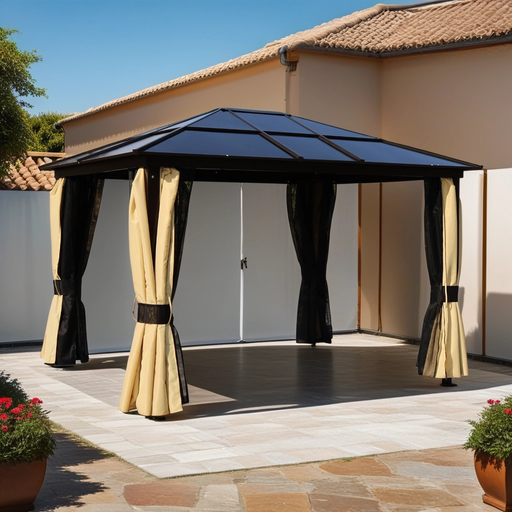 3.6 x 3(m) Polycarbonate Hardtop Gazebo with LED Solar Light and Aluminium Frame, Netting and Curtains - Brown - Outsunny - Green4Life
