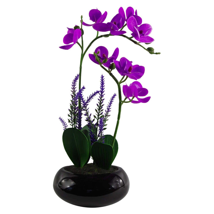 38cm Artificial Orchid in Black Ceramic Bowl Planter - Green4Life