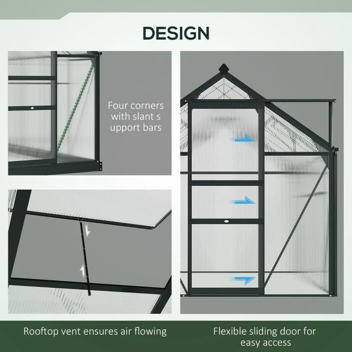 Outsunny 6 x 6 ft Walk-In Polycarbonate Greenhouse with Sliding Door, Galvanised Base & Aluminium Frame - Grey - Green4Life