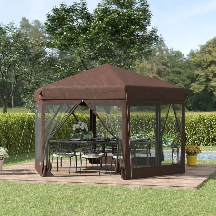 11 x 10 ft (3.5 x 3m) Hexagonal Gazebo with Adjustable Height and Mosquito Netting - Brown - Outsunny