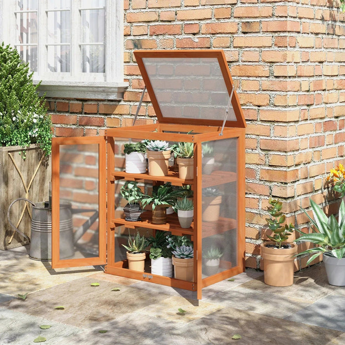 Outsunny 58L x 44W x 78H (cm) 3-tier Wooden Greenhouse with Storage Shelves -  Natural - Green4Life