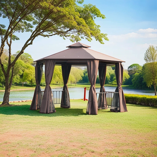 3 x 3(m) Hexagonal Gazebo with 2-Tier Roof, Curtains & Nets - Brown - Outsunny - Green4Life