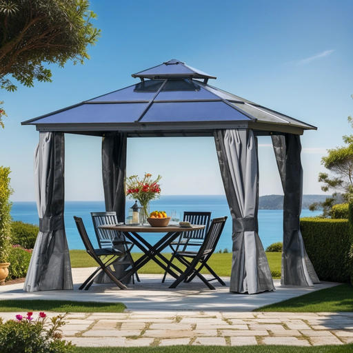 3 x 3(m) Polycarbonate Hardtop Gazebo with Double-Tier Roof and Aluminium Frame, Netting and Curtains - Black/Grey - Outsunny - Green4Life
