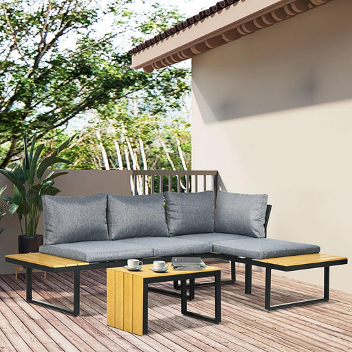 4-Seater Garden Sofa Set with Padded Cushions, Wood Grain Plastic Top Table and Side Panel - Dark Grey - Outsunny - Green4Life