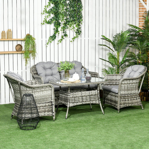 4-Seater Outdoor PE Rattan Lounge Set with Padded Cushions and Tempered Glass Top Table - Grey - Outsunny - Green4Life