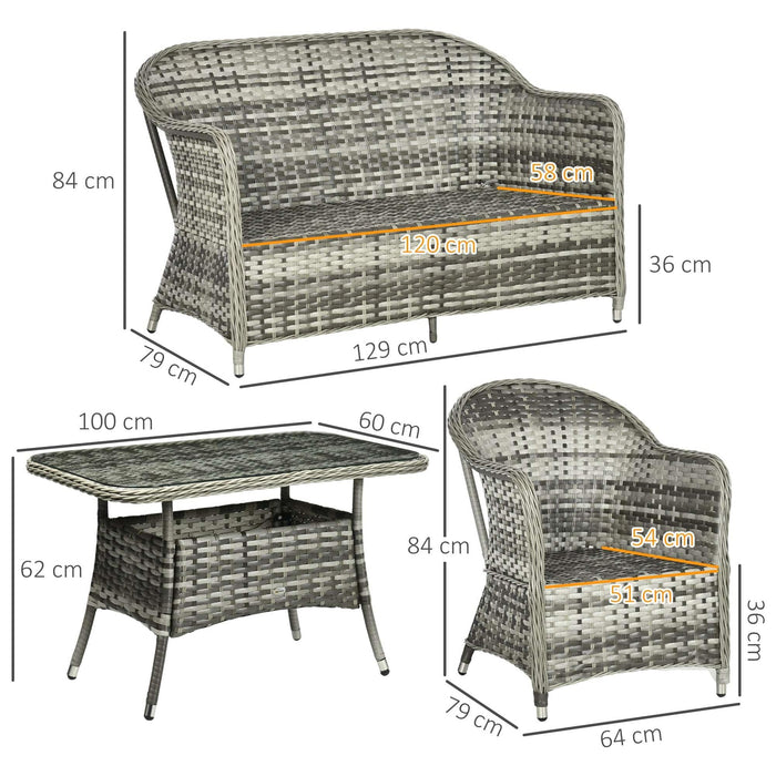 4-Seater Outdoor PE Rattan Lounge Set with Padded Cushions and Tempered Glass Top Table - Grey - Outsunny - Green4Life