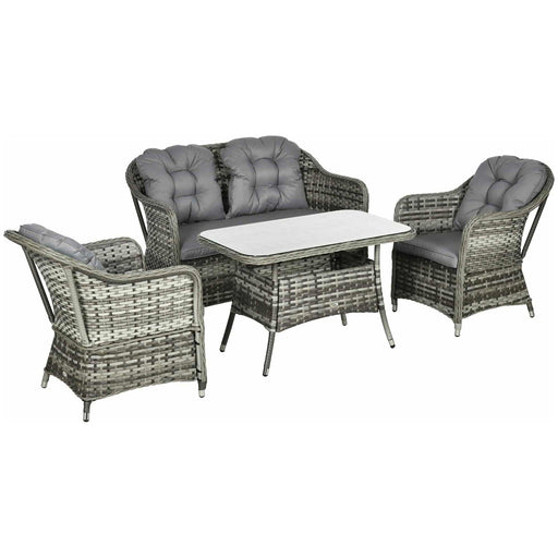 4-Seater Outdoor PE Rattan Lounge Set with Padded Cushions and Tempered Glass Top Table - Grey - Outsunny - Green4Life