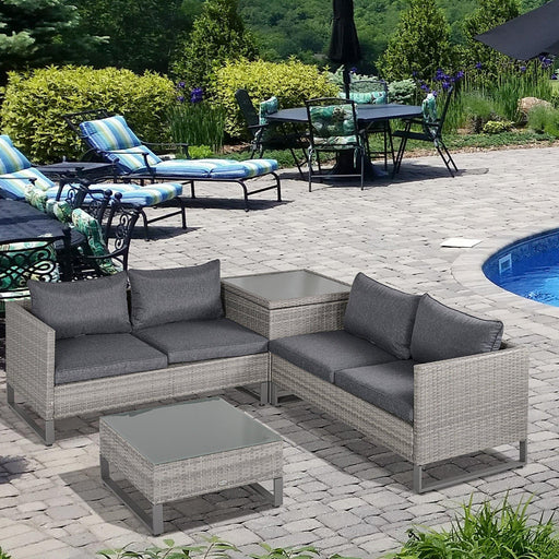 4-Seater PE Rattan Sofa Set with Coffee Table, Side Storage Box & Cushions - Grey - Outsunny - Green4Life