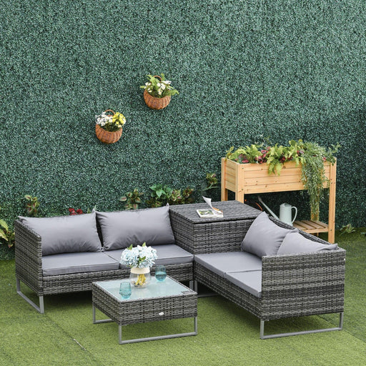 4-Seater Rattan Outdoor Furniture Sofa Loveseats and Table Set with Cushions and Side Storage Tbale - Mixed Grey - Outsunny - Green4Life