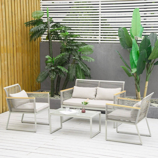 4-Seater Rattan Outdoor Lounge Set with Cushions and Tempered Glass Table - Grey - Outsunny - Green4Life