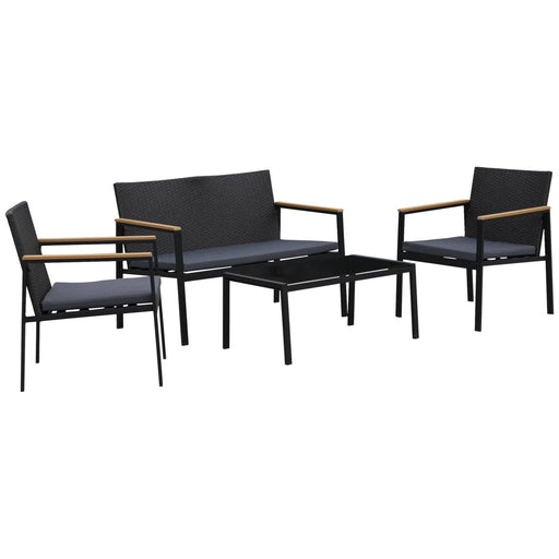 4 Seater Rattan Set 2 Single Sofa Armchairs and 1 Bench with Cushions & Coffee Table - Black/Grey - Outsunny - Green4Life