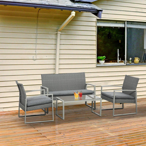 4 Seater Rattan Set 2 Single Sofa Armchairs and 1 Bench with Cushions & Coffee Table - Grey - Outsunny - Green4Life