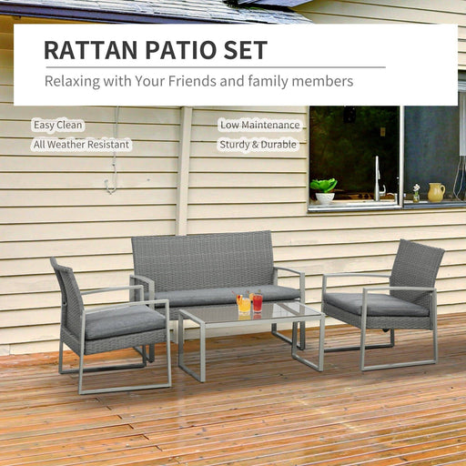 4 Seater Rattan Set 2 Single Sofa Armchairs and 1 Bench with Cushions & Coffee Table - Grey - Outsunny - Green4Life