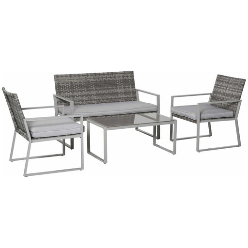 4 Seater Rattan Set 2 Single Sofa Armchairs and 1 Bench with Cushions & Coffee Table - Mixed Grey - Outsunny - Green4Life