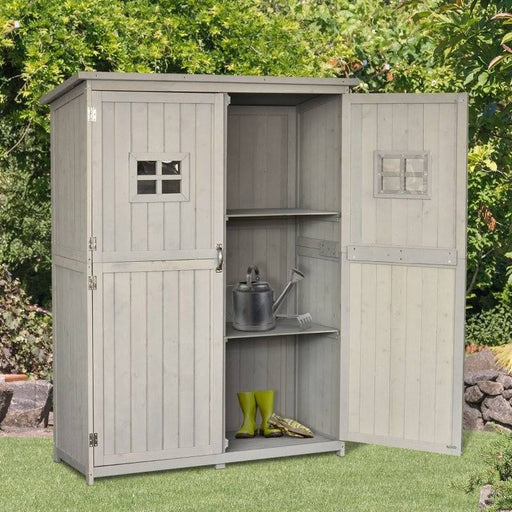 4 x 1.6 ft (127.5L x 50W x 164H cm) Wooden Garden Storage Shed with Shelves & Two Windows - Grey - Outsunny - Green4Life