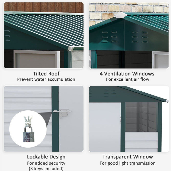 Outsunny 9FT x 6FT Galvanizsed Metal Garden Shed with Sloped Roof, Lockable Door - White/Green - Green4Life