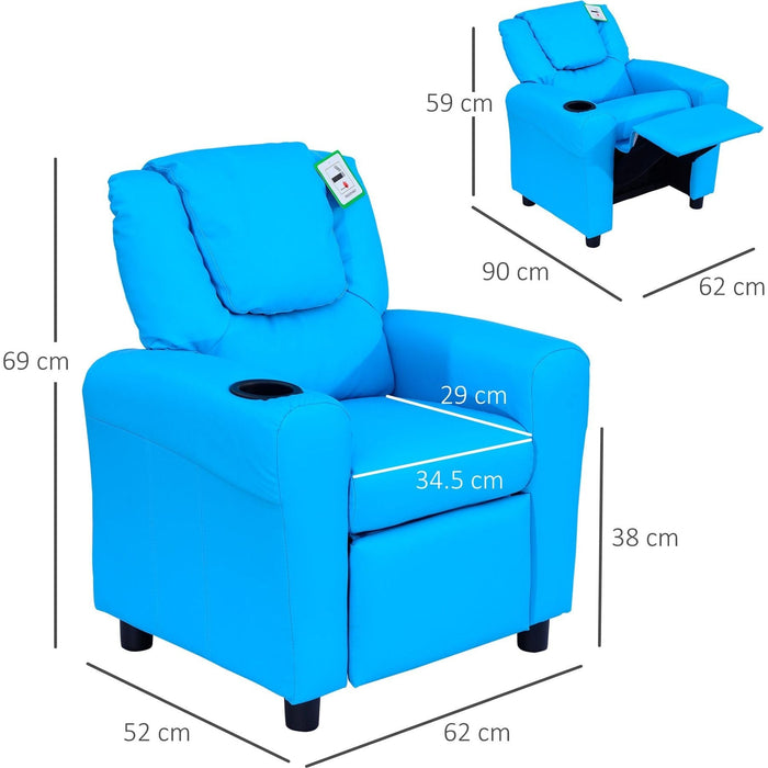 Cosy Blue Kids Recliner Armchair with Cup Holder - Green4Life