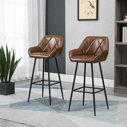 Set of 2 Retro Bar Stools with Backs, Footrest, and Steel Legs - Brown - Green4Life
