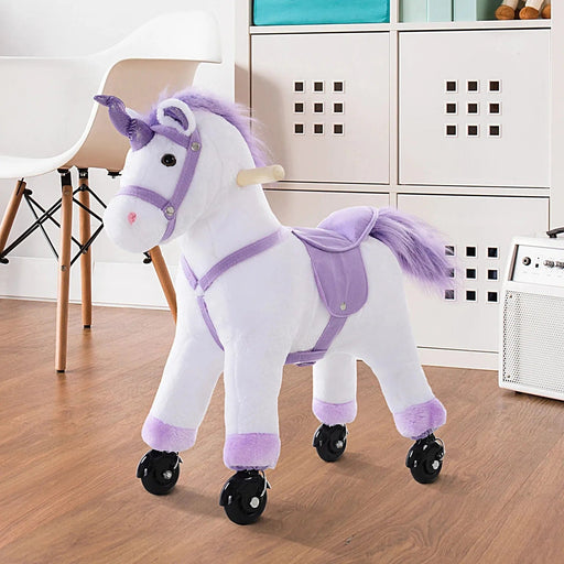 Four Wheeled Sit-On Unicorn Toy with Wooden Frame - White/Purple - Green4Life