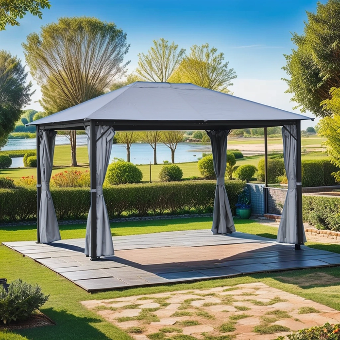 4 x 3(m) Gazebo with Aluminium Frame, Curtains & Netting Sidewalls - Grey - Outsunny - Green4Life