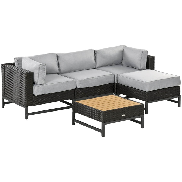 5 Piece Outdoor PE Rattan Corner Sofa Set w/ Thick Padded Cushions & Wood-Effect Plastic Top Table - Black/Brown - Outsunny - Green4Life