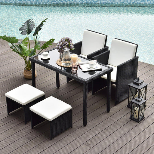 5 Pieces Rattan Space-saving Dining Set with 2 Chairs, 2 Footstools and a Table - Black/White - Outsunny - Green4Life