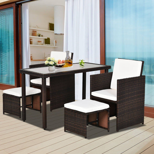 5 Pieces Rattan Space-saving Dining Set with 2 Chairs, 2 Footstools and a Table - Brown - Outsunny - Green4Life