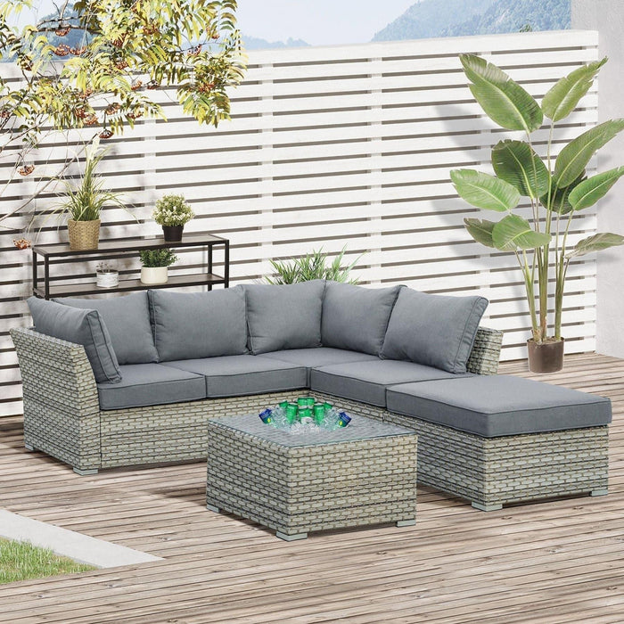 5 Seater PE Rattan Sectional Sofa Set with Padded Cushions and Ice Bucket Side Table Light Grey Outsunny Green4Life