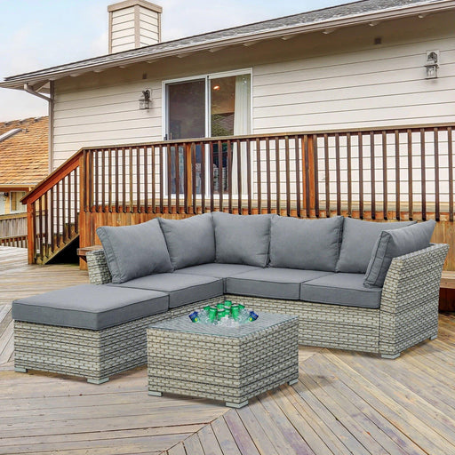 5-Seater PE Rattan Sectional Sofa Set with Padded Cushions and Ice Bucket Side Table - Light Grey - Outsunny - Green4Life