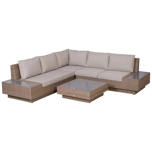 5-Seater Rattan Garden Furniture Sectional Corner Sofa and Coffee Table Set with Armrest Cushions - Beige - Outsunny - Green4Life