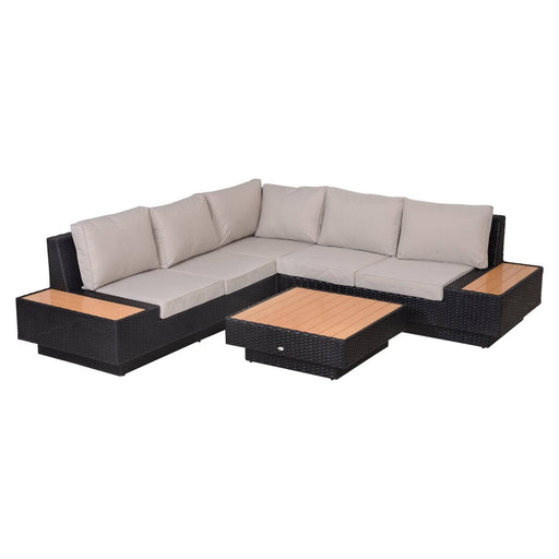 5-Seater Rattan Garden Furniture Sectional Corner Sofa and Coffee Table Set with Armrest Cushions - Black - Outsunny - Green4Life