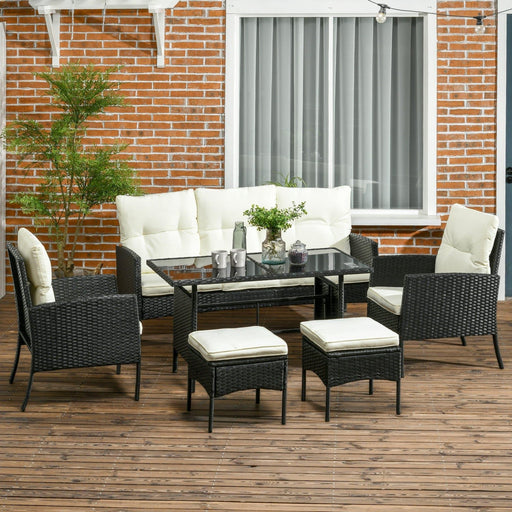 5 Seater Rattan Garden Furniture Set, 2 Armchairs, 3-seater Wicker Sofa, 2 Footstools, Glass Table - Black - Outsunny - Green4Life