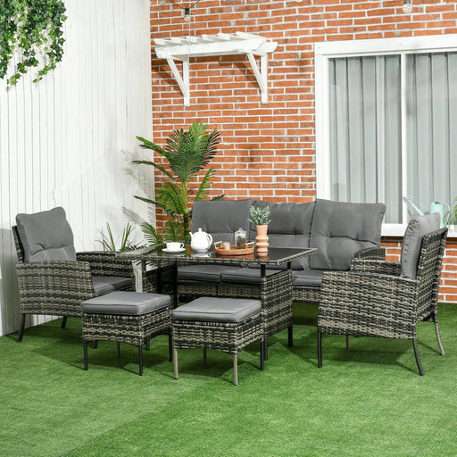 5 Seater Rattan Garden Furniture Set, 2 Armchairs, 3-seater Wicker Sofa, 2 Footstools, Glass Table - Grey - Outsunny - Green4Life