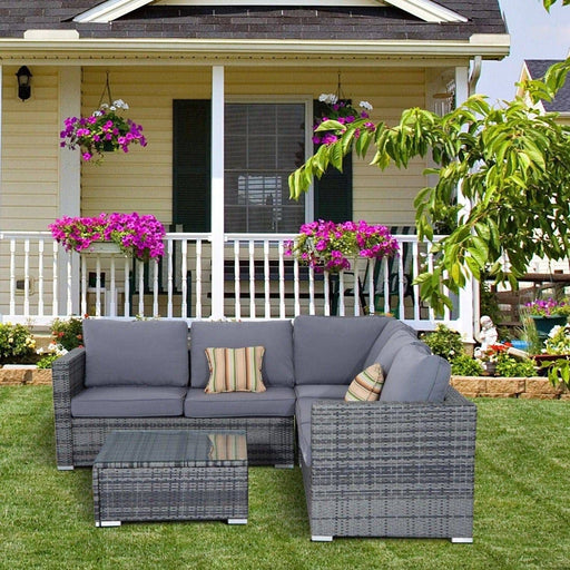 5-Seater Rattan Lounge Set with Glass Top Coffee Table - Grey - Outsunny - Green4Life