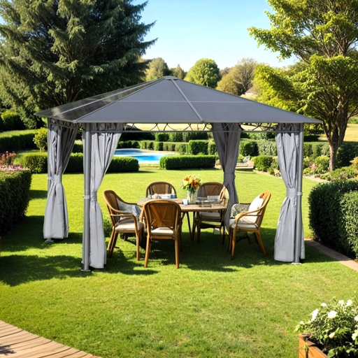 3 x 3(m) Hardtop Gazebo with UV Resistant Polycarbonate Roof, Steel and Aluminium Frame with Curtains - Grey - Outsunny - Green4Life