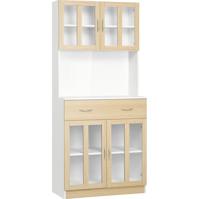 Modern Kitchen Cupboard with Central Drawer, 2 Glass Door Compartments and Countertop 80W x 40D x 180Hcm - White/Natural - Green4Life