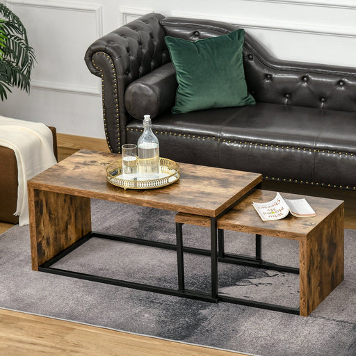 HOMCOM Set of 2 Industrial Style Coffee Tables with Metal Frame - Black & Brown - Green4Life