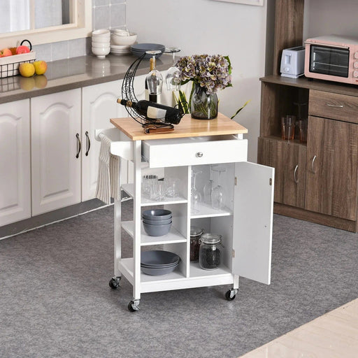 Kitchen Storage Trolley Unit with Wooden Top, 3 Shelves & Cupboard - White - Green4Life