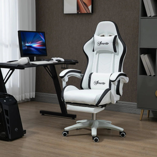 Vinsetto Reclining PU Leather Gaming Chair with Footrest, Removable Headrest and Lumber Support - White/Black - Green4Life