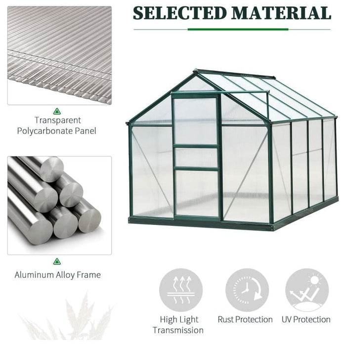 Outsunny 6 x 8 ft Walk-In Polycarbonate Greenhouse with Sliding Door, Galvanised Base & Aluminium Frame - Dark Green - Green4Life