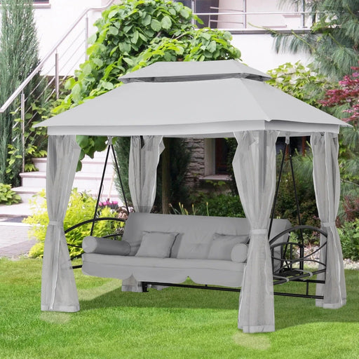 Outsunny 3 Seater Swing Chair 3-in-1 Convertible Gazebo with Double Tier Canopy, Cushioned Seat and Mesh Sidewalls - Light Grey - Green4Life